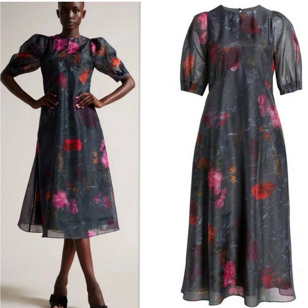 Ted Baker Mekayla Empire Line Floral Midi Length Puff Sleeve Dress Pockets